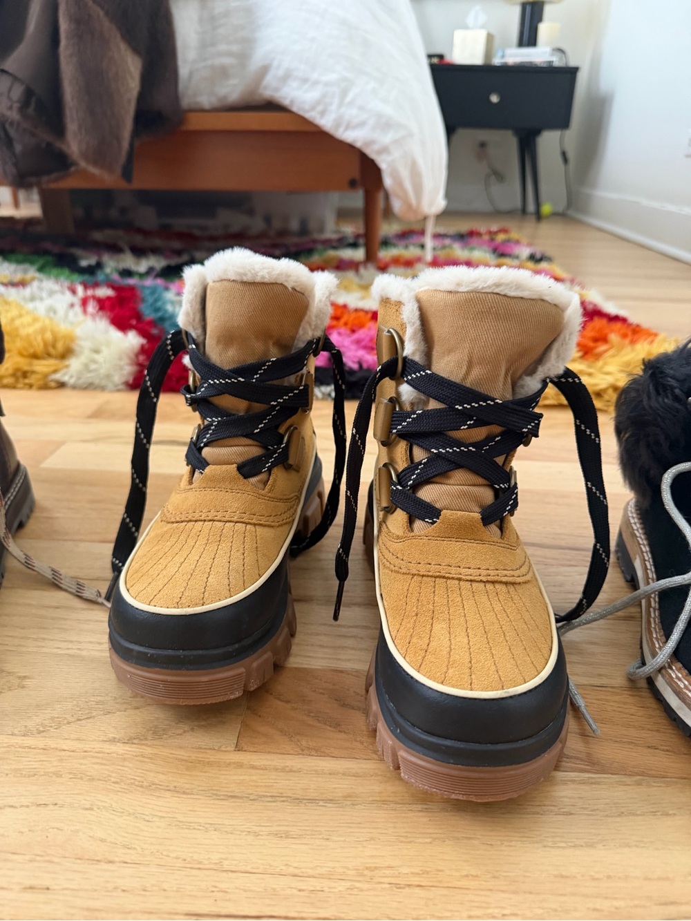 Sorel Women's Wheat and Black Lace-Up Winter Boots with Faux Fur